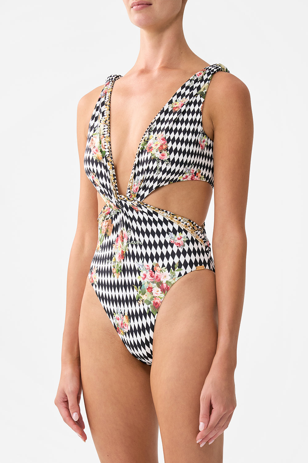 The CAMILLA TWIST FRONT CUT OUT ONE PIECE ROCOCO GLOW in our  print.