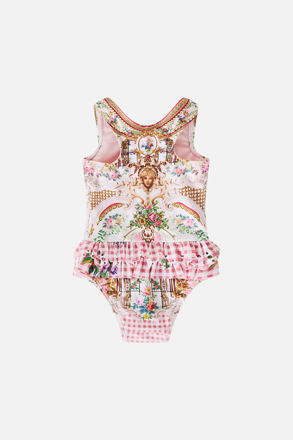 The CAMILLA BABIES RUFFLE BACK ONE PIECE LISBON LULLABY in our  print.