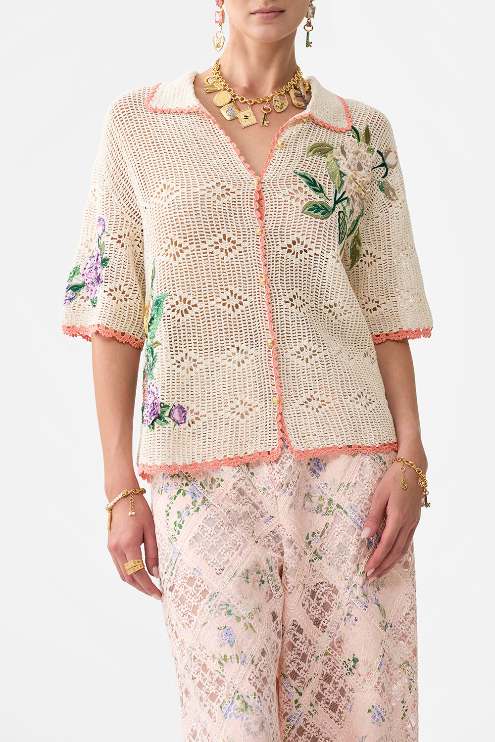 The CAMILLA CLASSIC SHIRT- CROCHET ARCHES OF AMOR in our  print.
