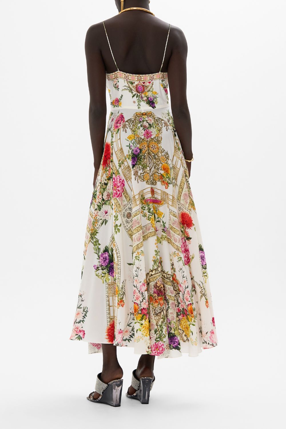 CAMILLA Long dress with tie front in Egyptian rose print.