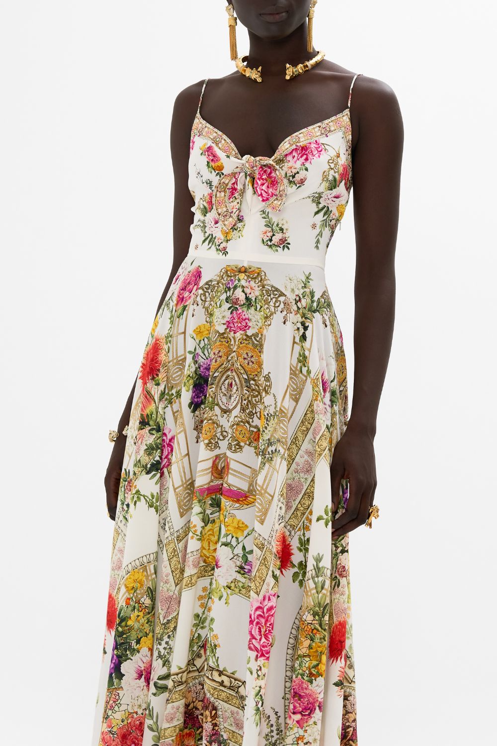 CAMILLA Long dress with tie front in Egyptian rose print.
