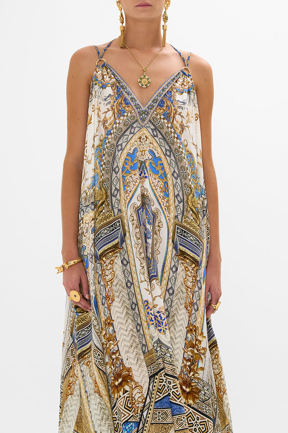 CAMILLA Ring Detail Strap Dress in Make Me Your Mosaic Print.