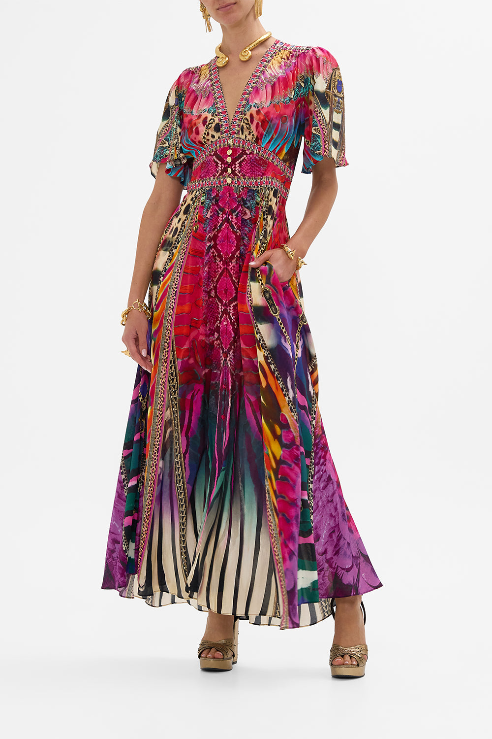 CAMILLA Shaped Waistband Dress with Flutter Sleeves in Sahara Supernatural print.