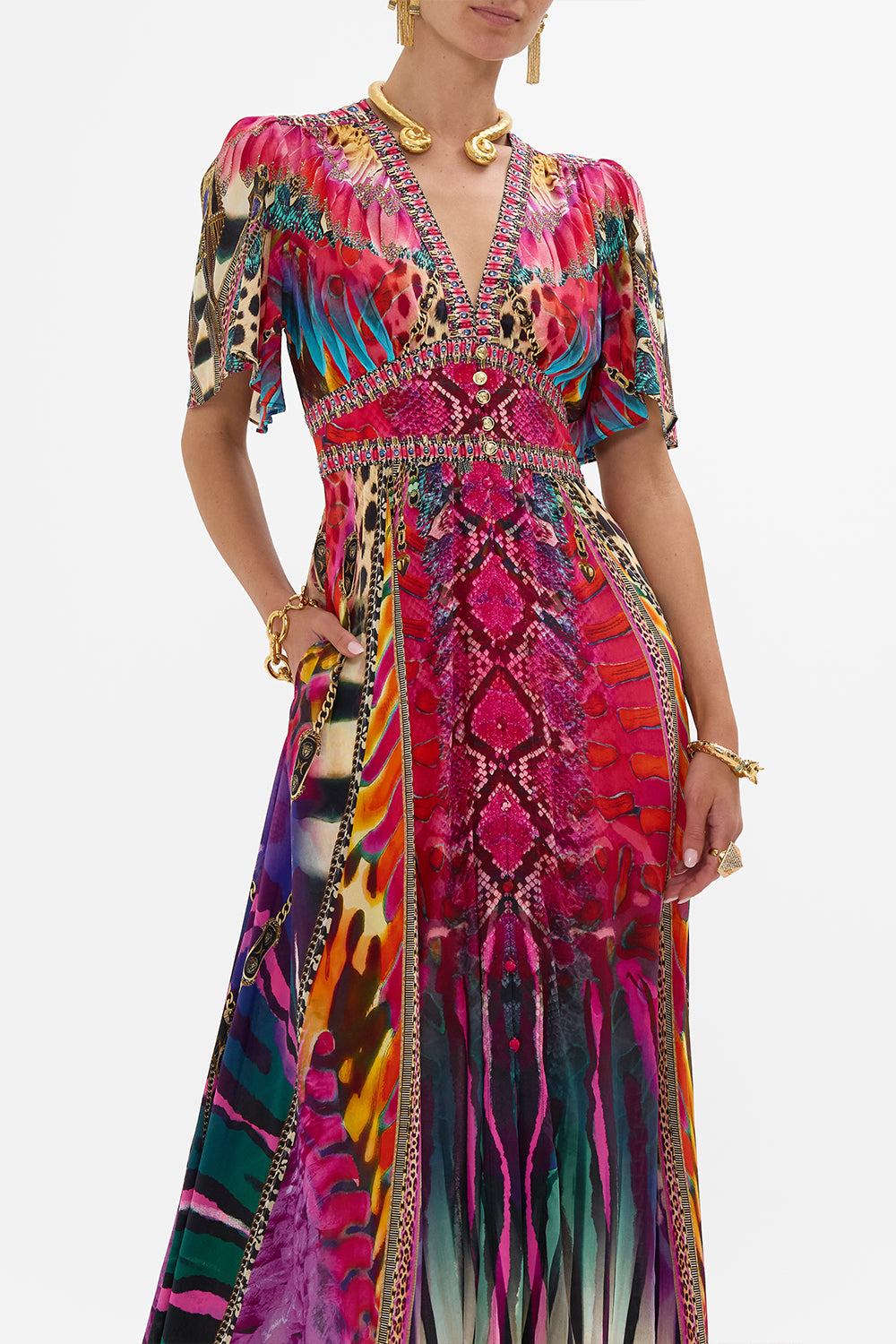CAMILLA Shaped Waistband Dress with Flutter Sleeves in Sahara Supernatural print.