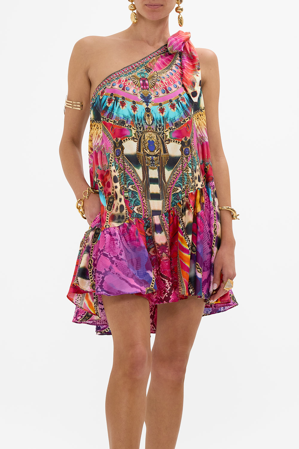 CAMILLA Tie One Shoulder Short Dress in Sahara Supernatural print