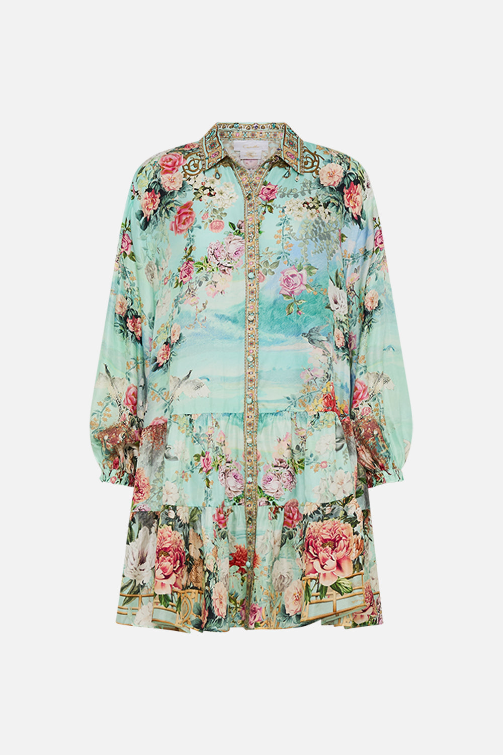CAMILLA Tiered shirt dress in The jewellery museum print.