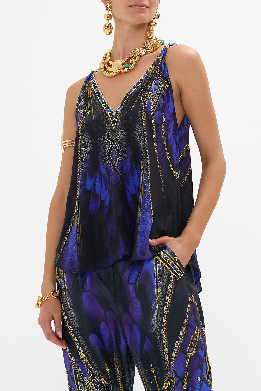 CAMILLA Tank Top with Strap Bead Detail in Other Side of the Oasis print.