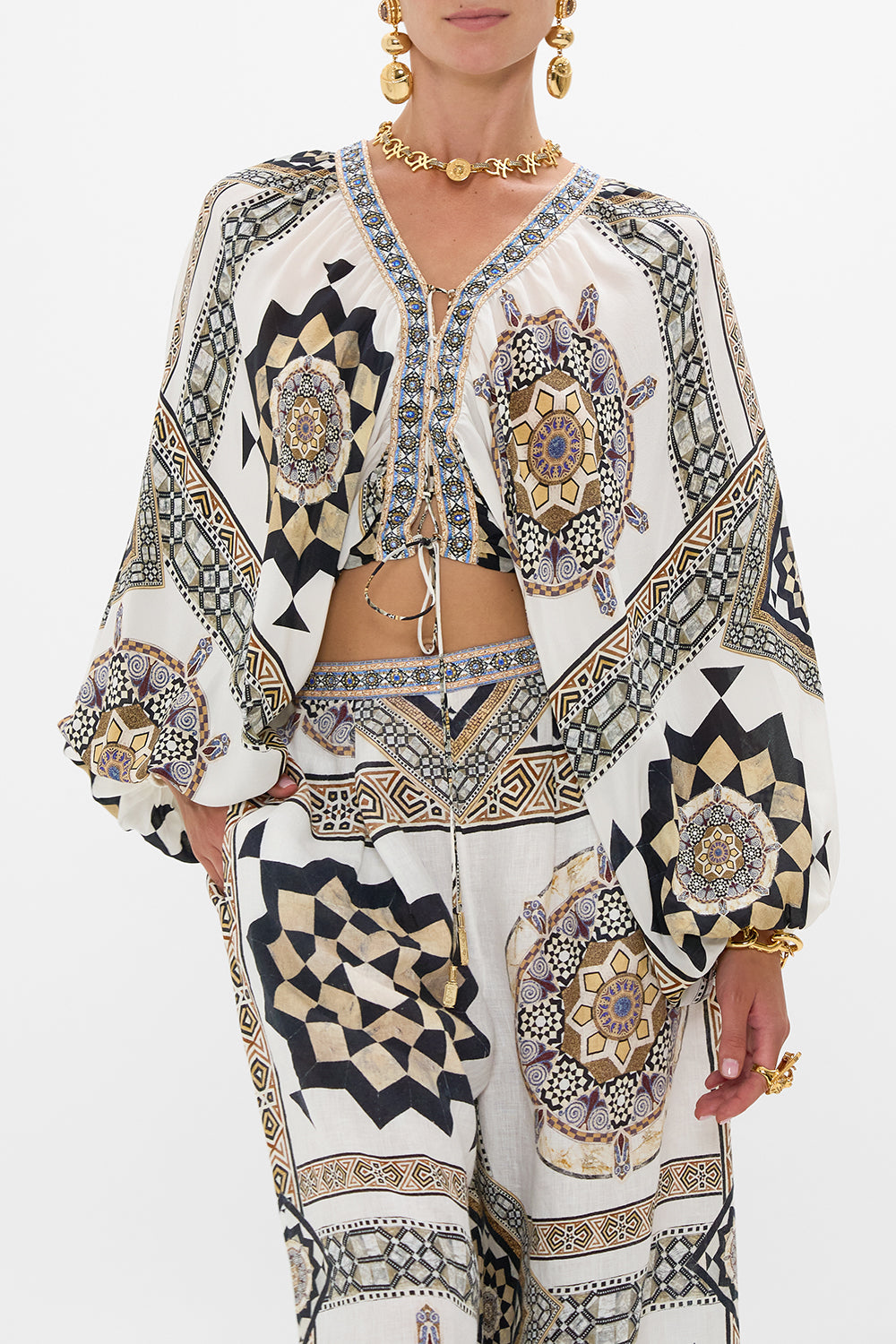 CAMILLA Lace-Up Front Blouson Sleeve Blouse in Tile Style Print