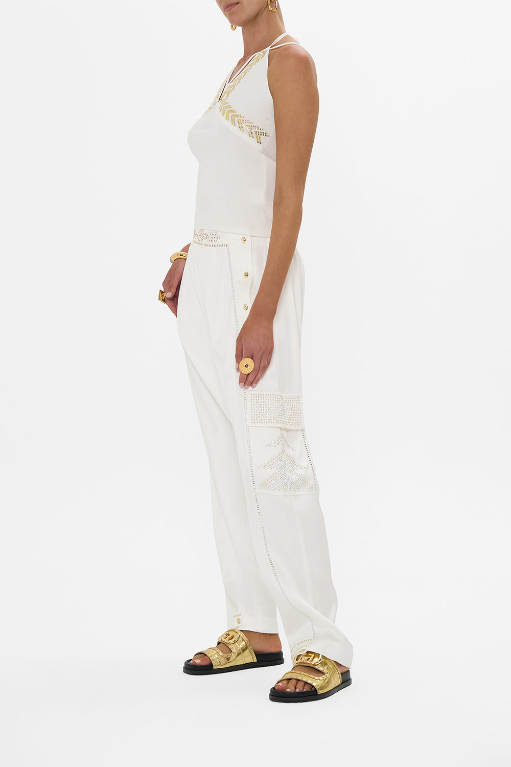 The CAMILLA FITTED KNIT TOP WITH HARDWARE GODDESS ENERGY in our  print.