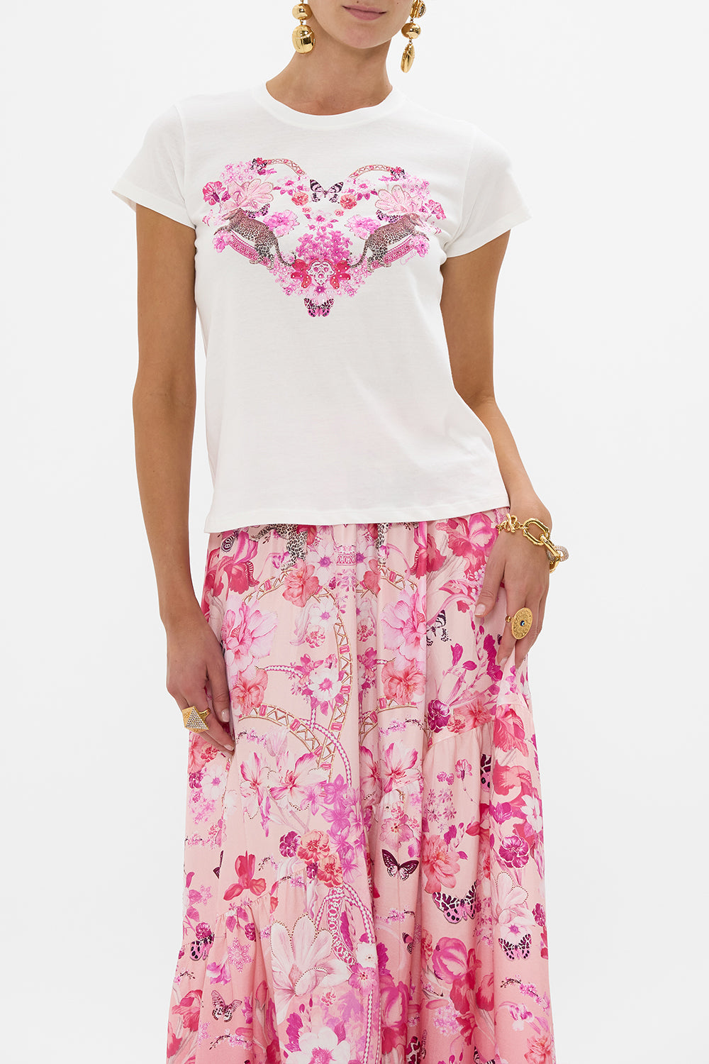 SLIM FIT ROUND NECK T-SHIRT - WHITE/ PINK BOTANICAL NOVELLA