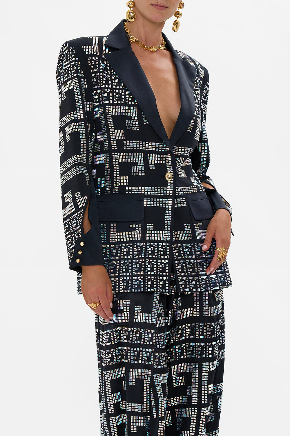 The CAMILLA JACKET WITH SLEEVE CUT OUT DETAIL READ MY GLYPHS in our  print.