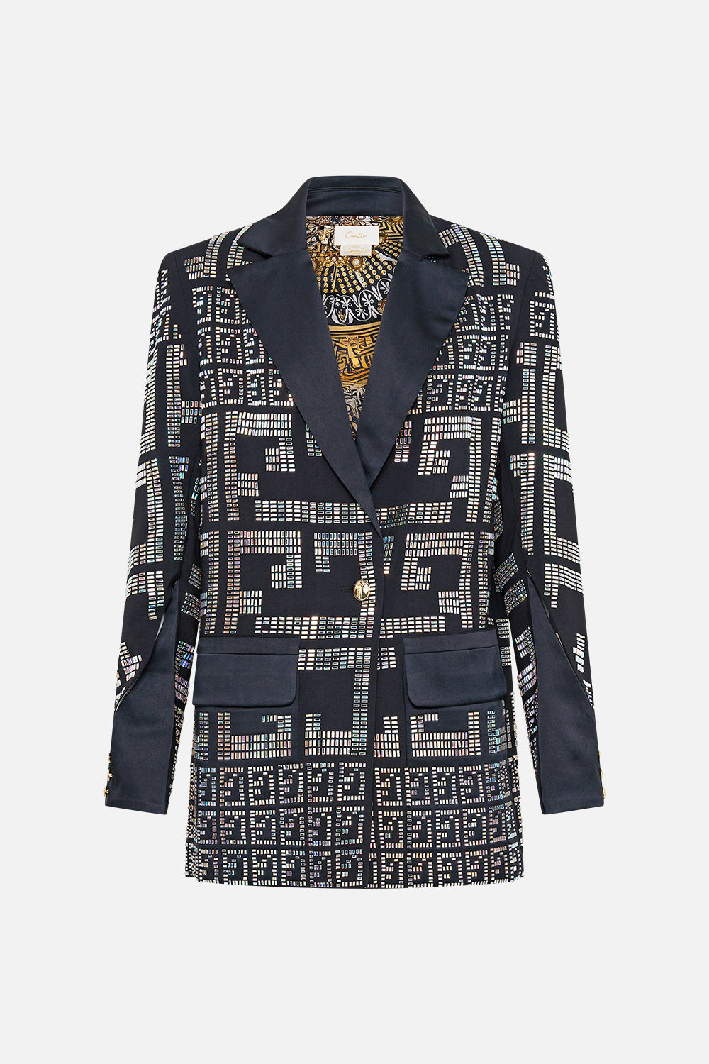 The CAMILLA JACKET WITH SLEEVE CUT OUT DETAIL READ MY GLYPHS in our  print.