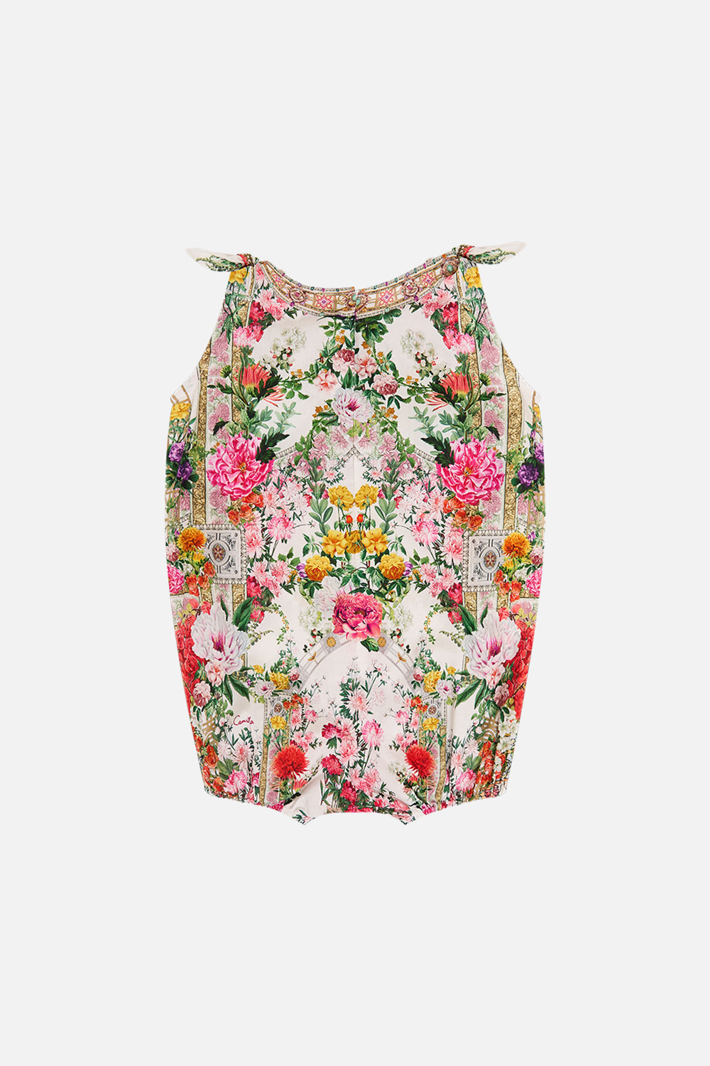 The CAMILLA BABIES TIE SHOULDER ROMPER EGYPTIAN ROSE in our  print.