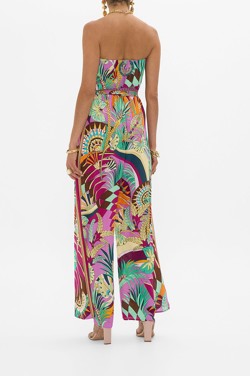 CAMILLA Tie Waist Strapless Jumpsuit in Giza Goddess print. 