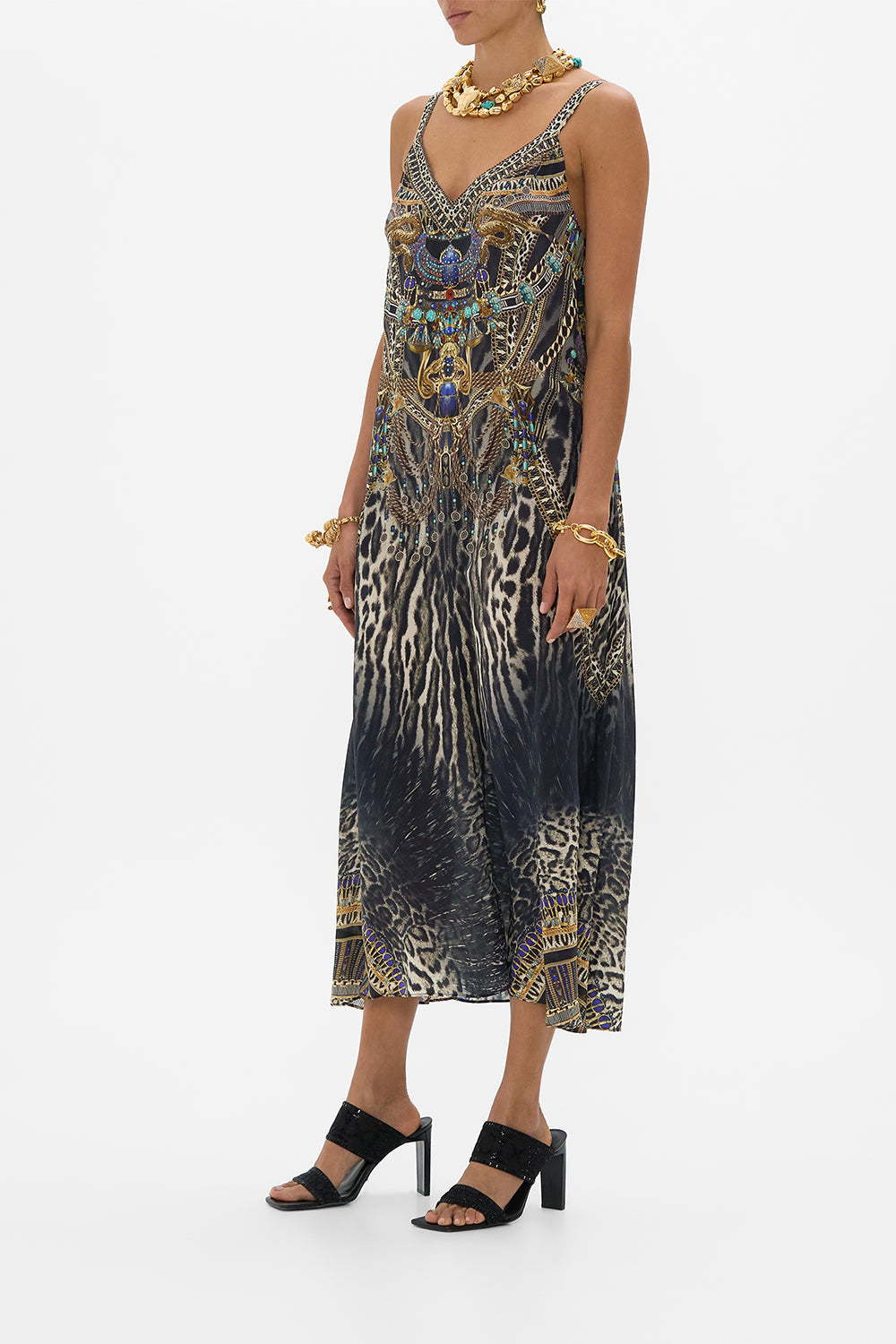 CAMILLA V Neck Midi Slip Dress in Cartouche Kingdom print. 