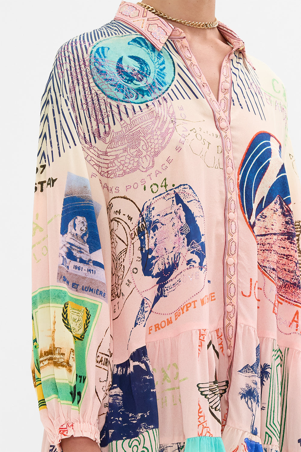 CAMILLA long sleeve tiered short dress in Haute Passport print. 