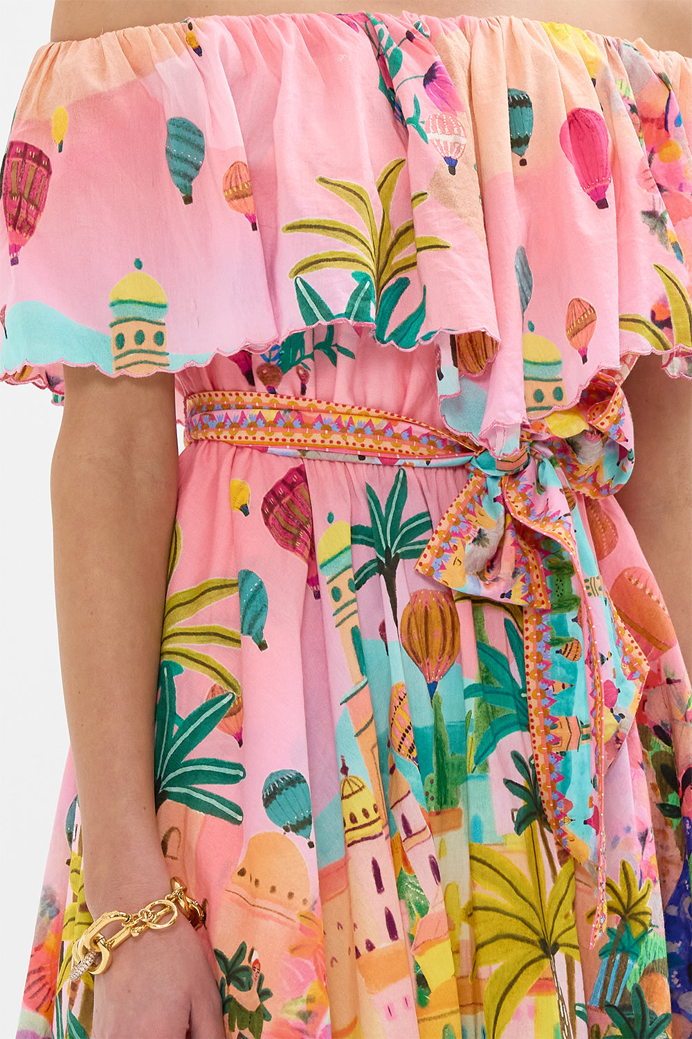 CAMILLA Shoulder Frill Short Dress in Sister Sunset print.