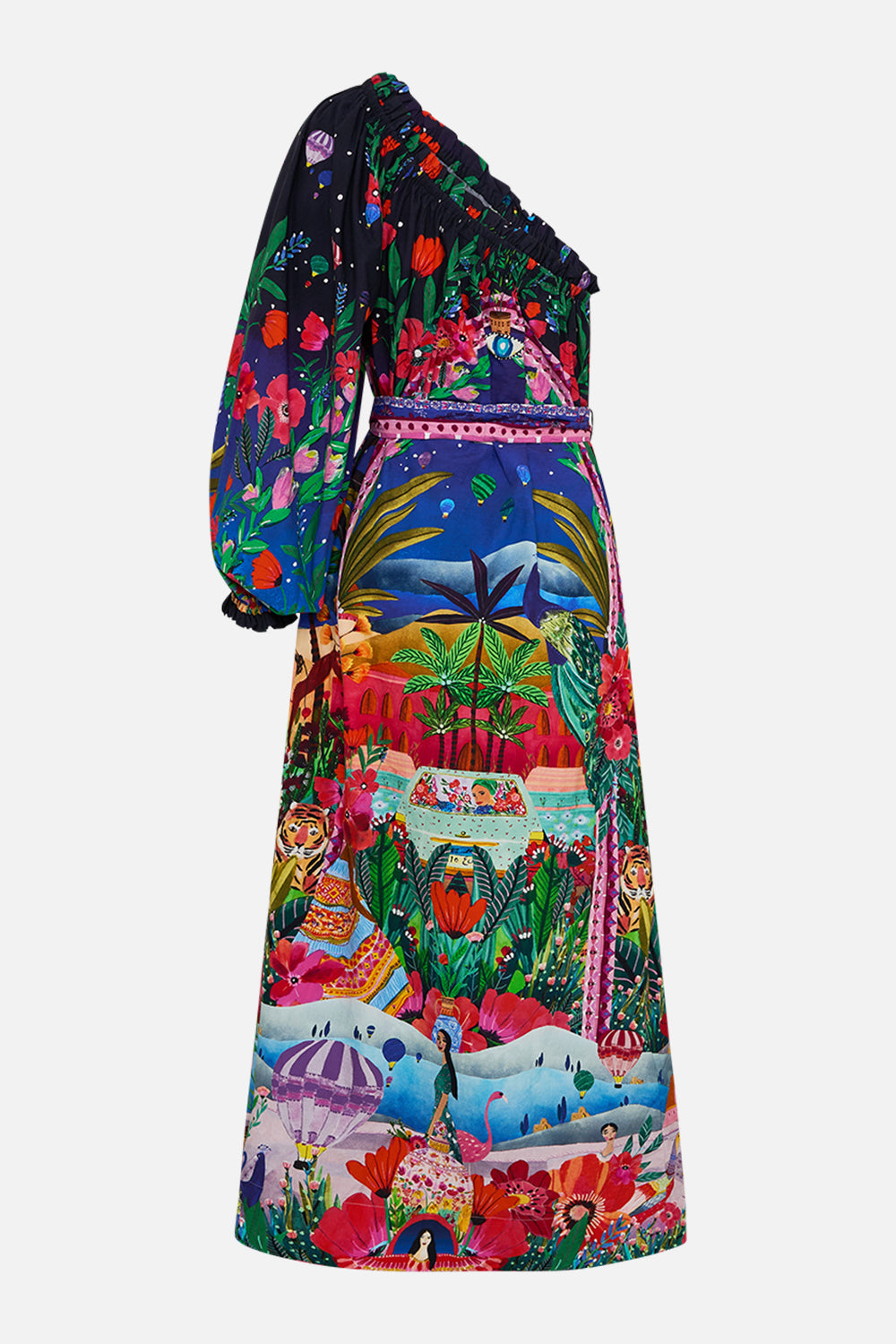 CAMILLA One Shoulder Dress With Blouson Sleeve in Midnight Muses print. 