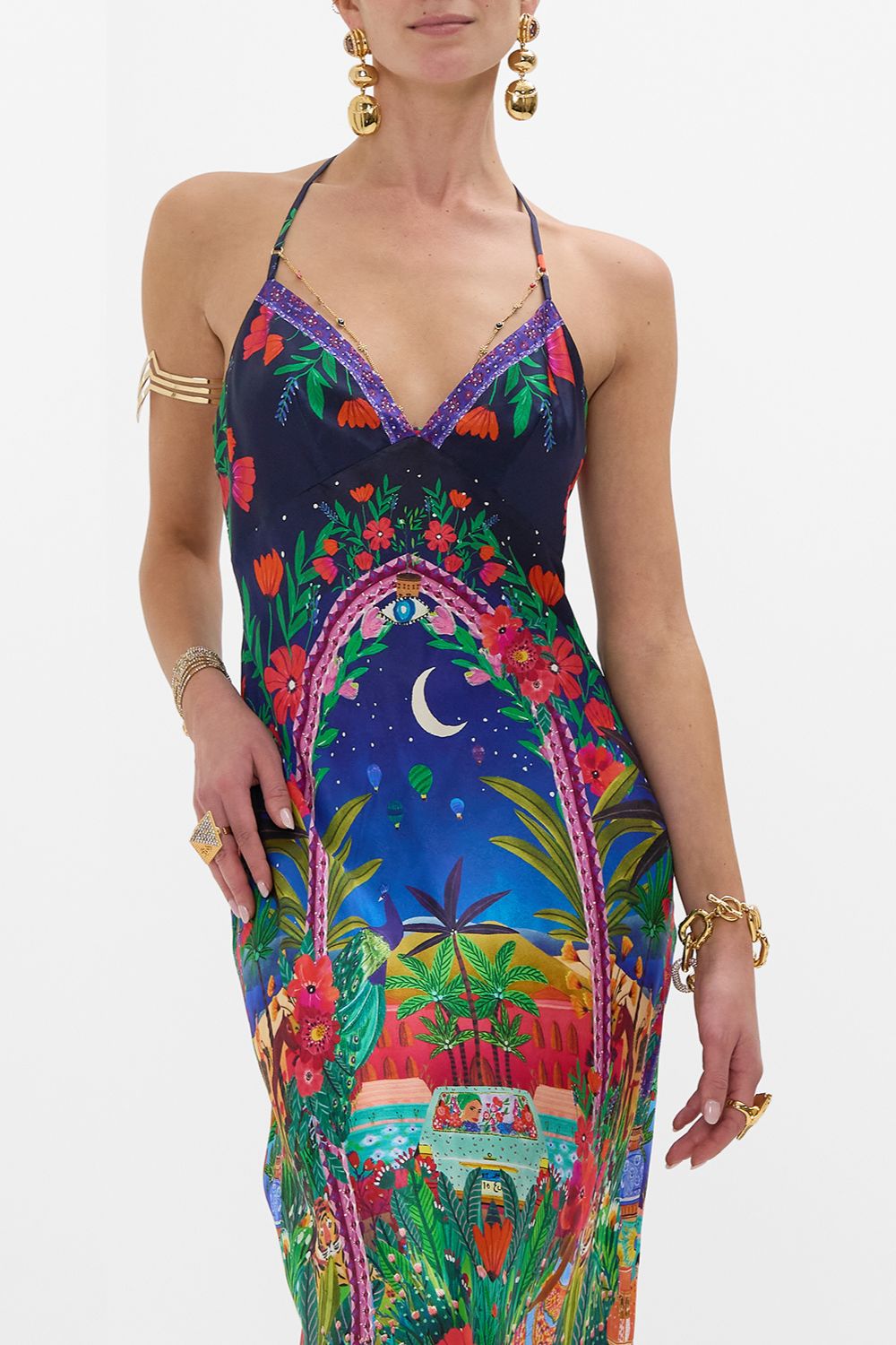 CAMILLA Chain Detail Slip Dress in Midnight Muses print.