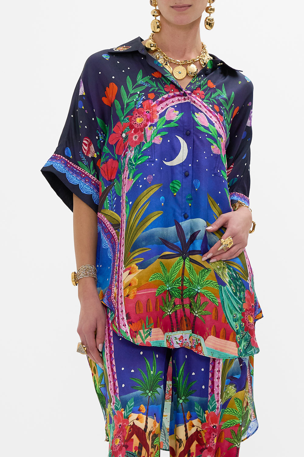 CAMILLA Oversized Pocket Tunic in Mdinight Muses print. 