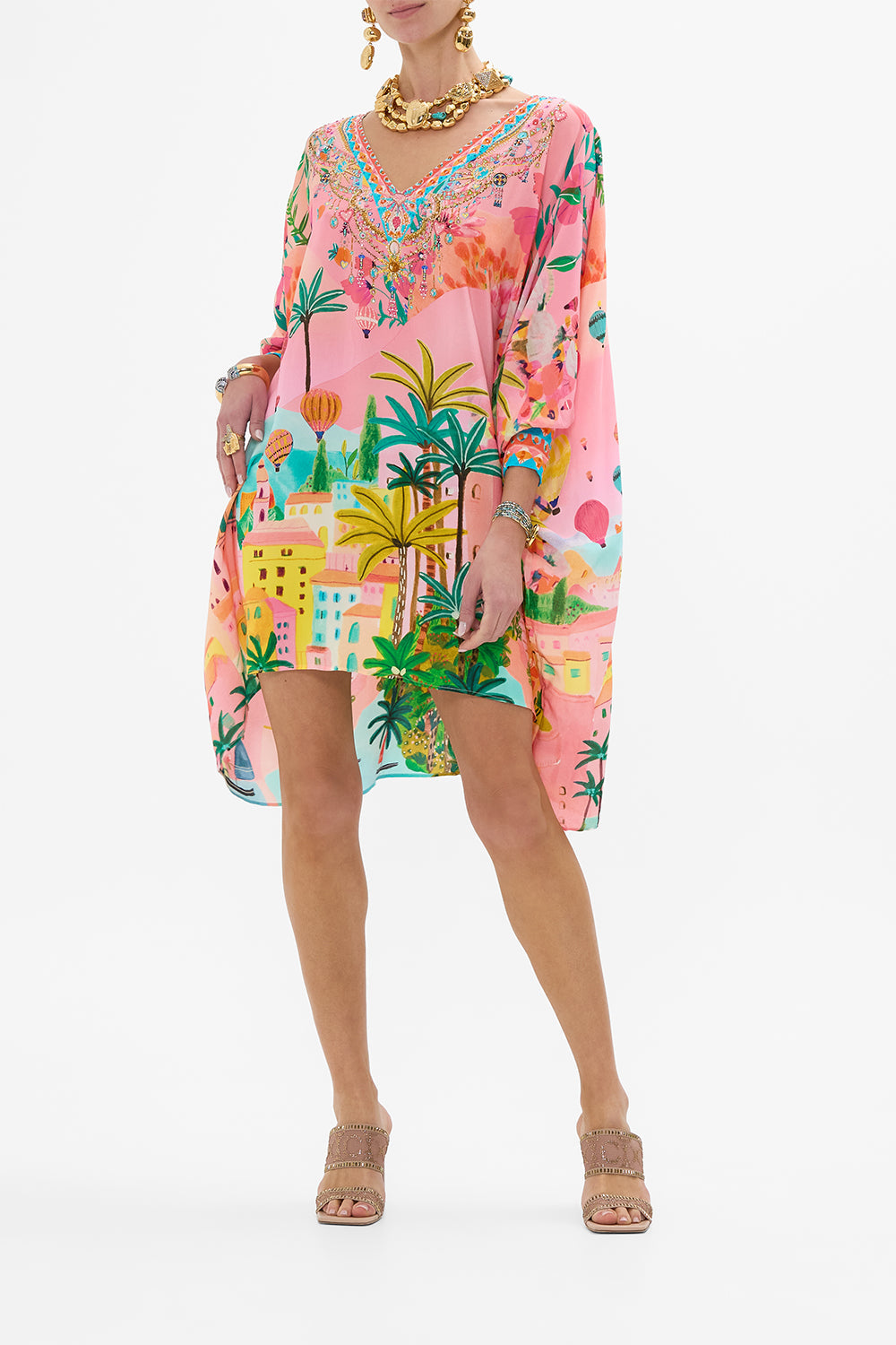 CAMILLA Short Kaftan With Cuff in Sister Sunset print. 