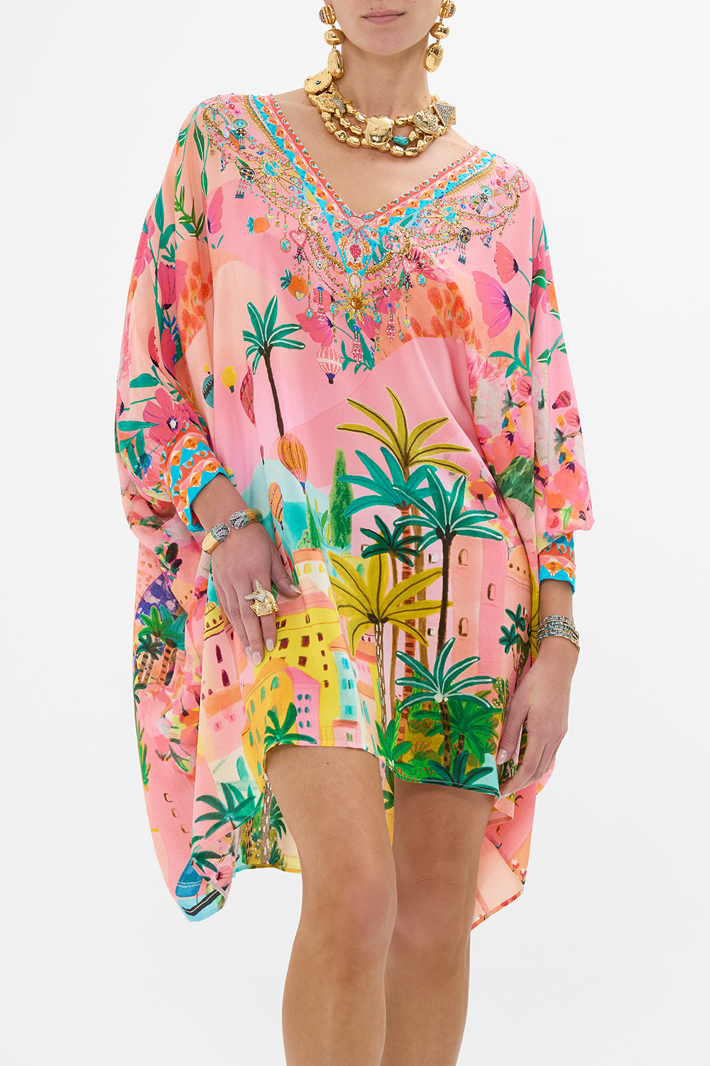 CAMILLA Short Kaftan With Cuff in Sister Sunset print. 