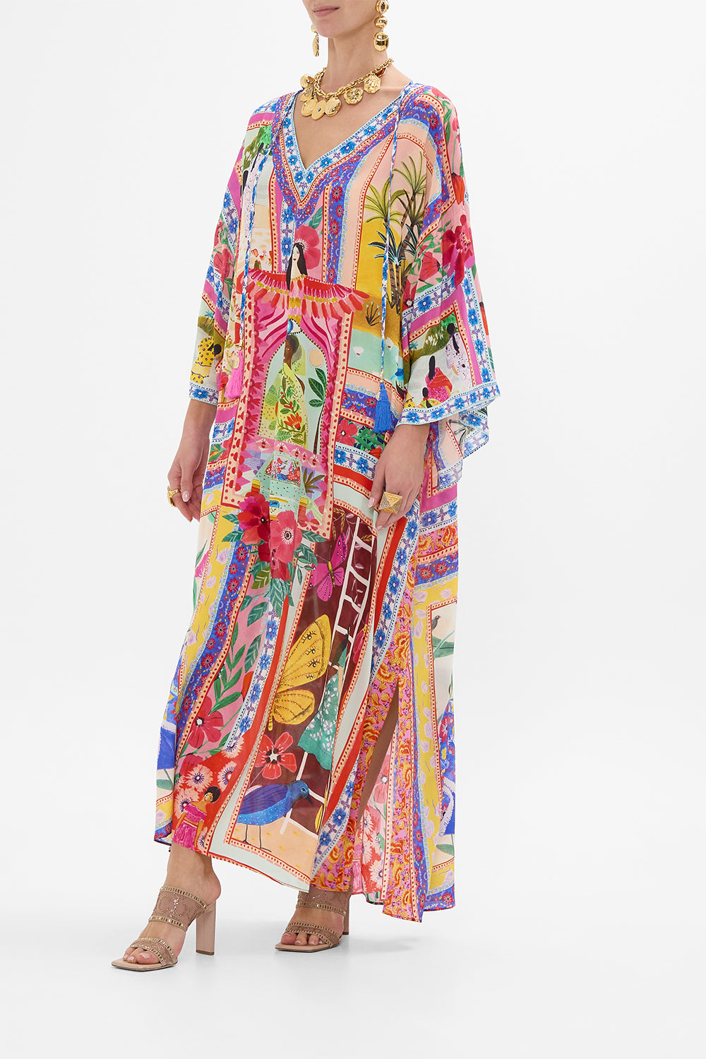 CAMILLA V Neck Kaftan With Ties in Roeqiyas Realm print. 
