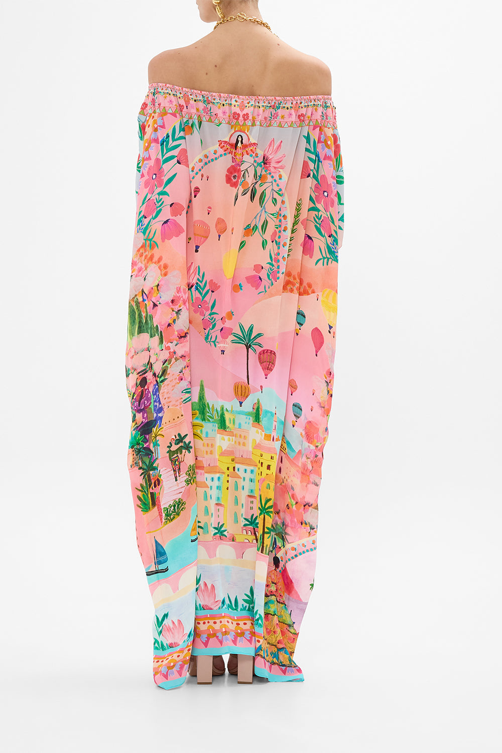 CAMILLA Off Shoulder Kaftan in Sister Sunset print. 