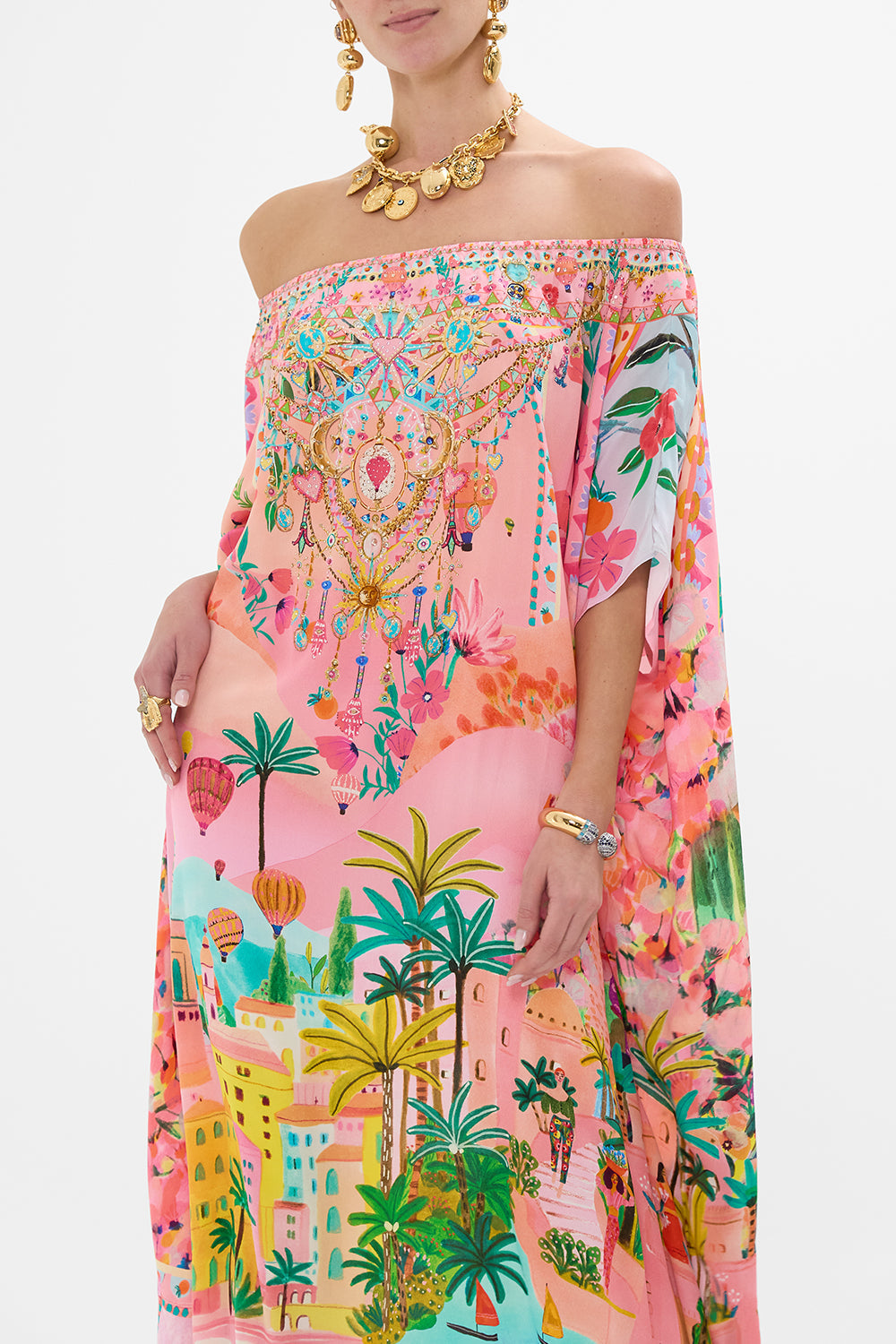 CAMILLA Off Shoulder Kaftan in Sister Sunset print. 