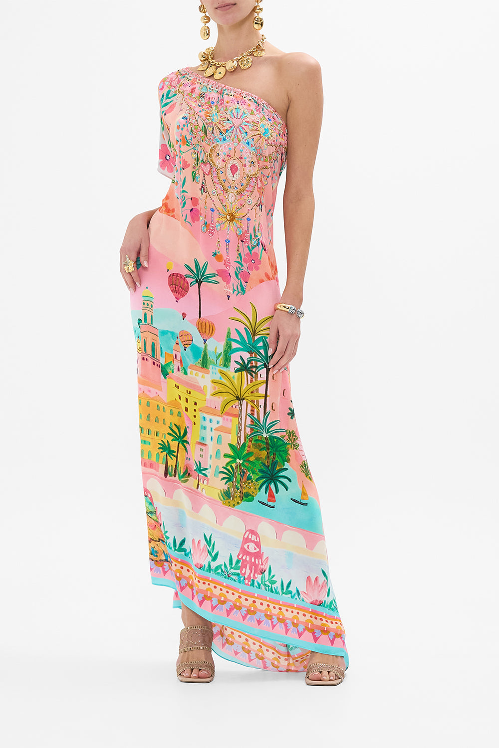 CAMILLA Off Shoulder Kaftan in Sister Sunset print. 