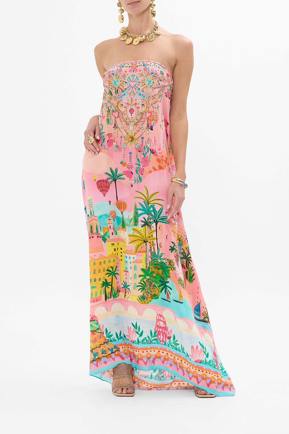 CAMILLA Off Shoulder Kaftan in Sister Sunset print. 