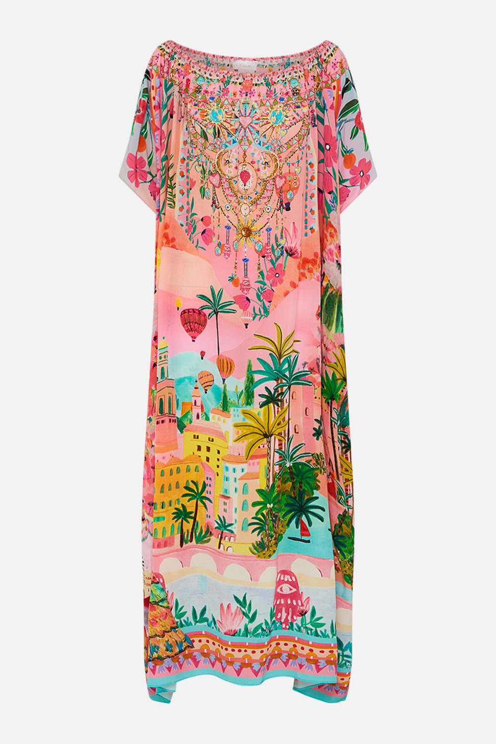CAMILLA Off Shoulder Kaftan in Sister Sunset print. 
