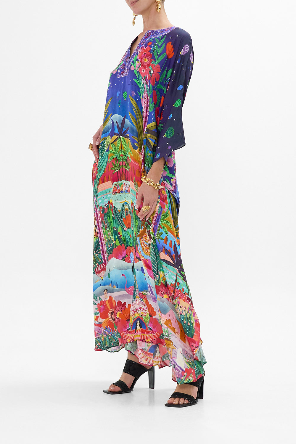 CAMILLA V Neck Kaftan With Front Welt Pockets in Midnight Muses print. 