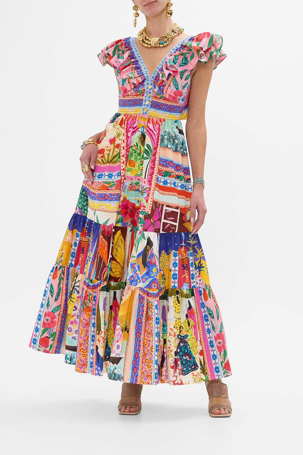 The CAMILLA TIERED DRESS WITH NECK FRILL ROEQIYAS REALM in our ROEQIYAS REALM print.