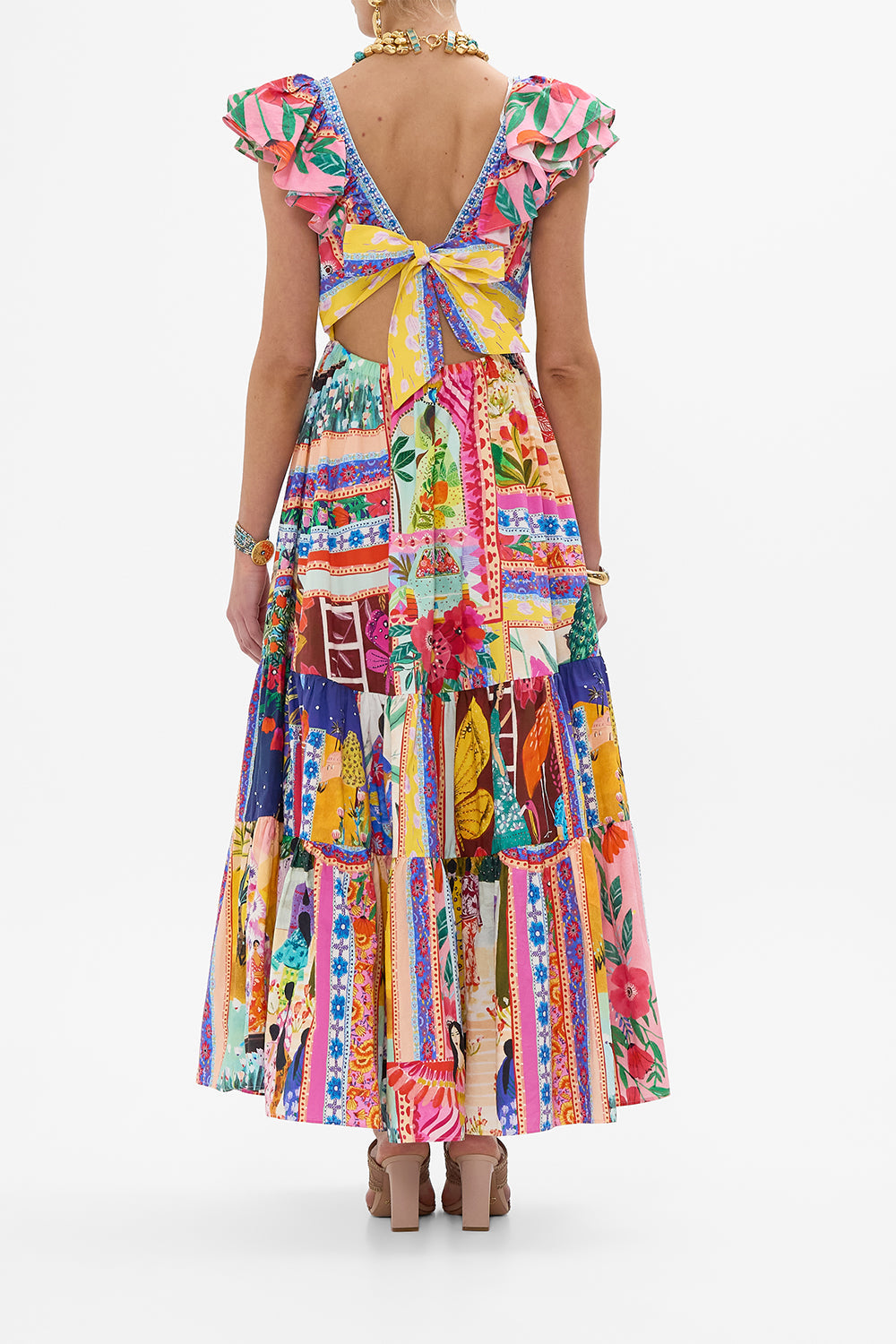 The CAMILLA TIERED DRESS WITH NECK FRILL ROEQIYAS REALM in our  print.