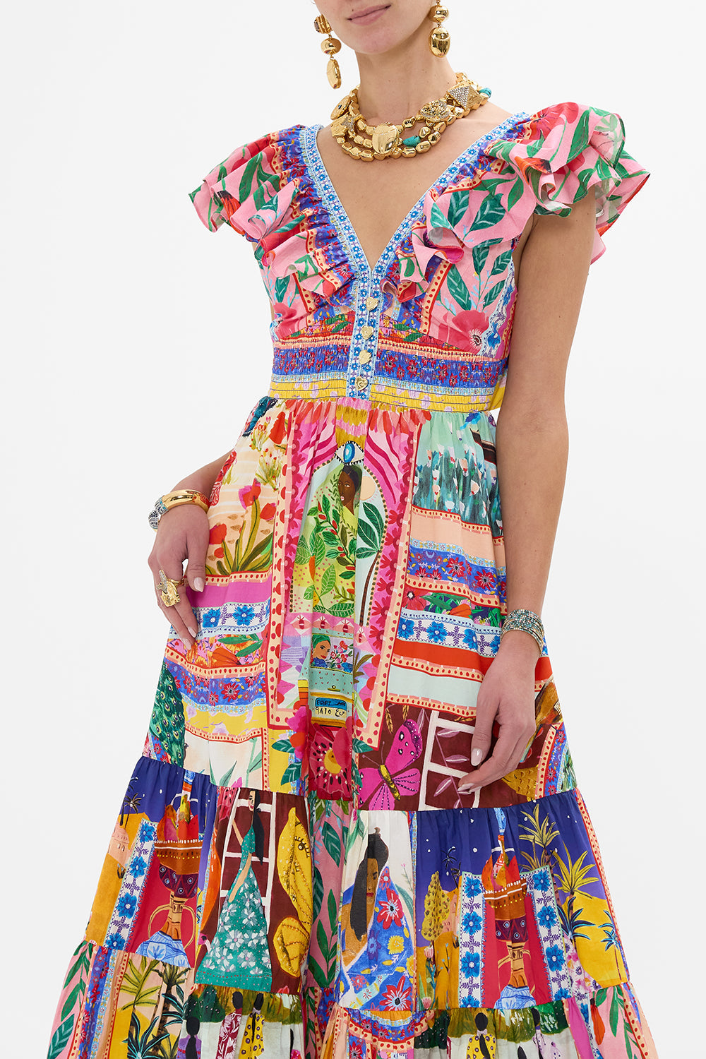 The CAMILLA TIERED DRESS WITH NECK FRILL ROEQIYAS REALM in our  print.