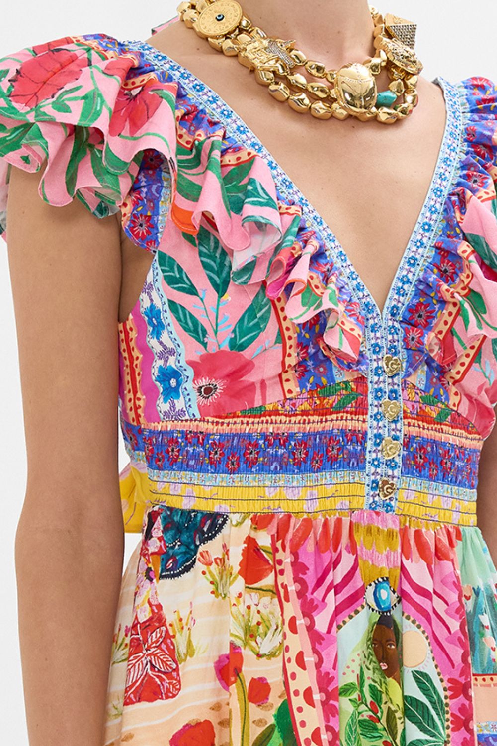 The CAMILLA TIERED DRESS WITH NECK FRILL ROEQIYAS REALM in our  print.