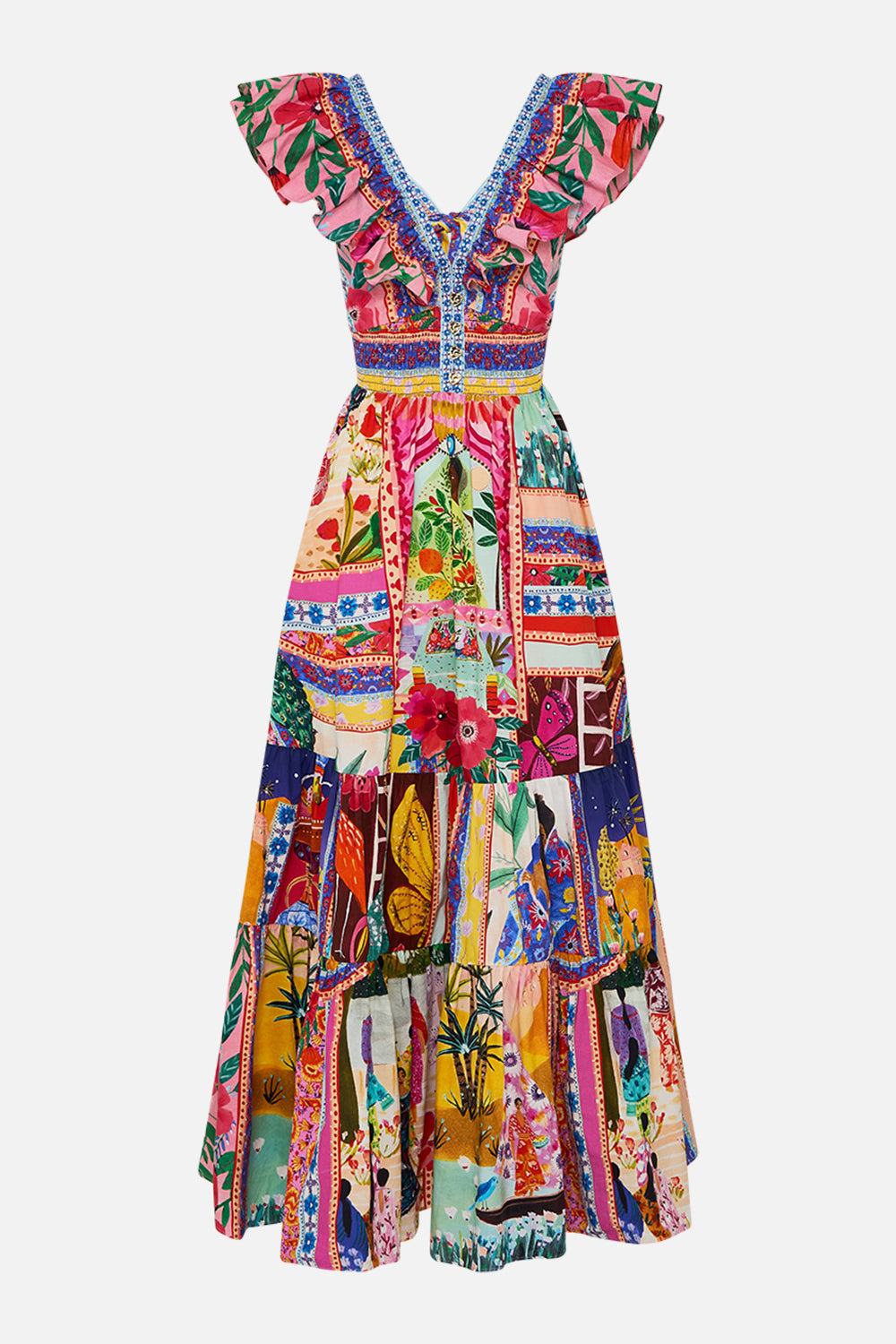 The CAMILLA TIERED DRESS WITH NECK FRILL ROEQIYAS REALM in our  print.