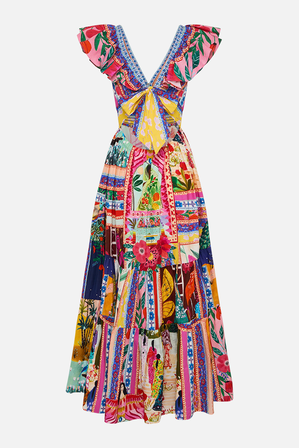 The CAMILLA TIERED DRESS WITH NECK FRILL ROEQIYAS REALM in our  print.