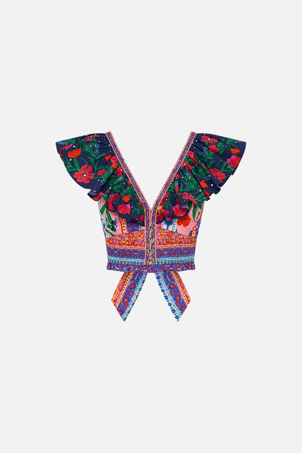 The CAMILLA DEEP V FRILL SHORT SLEEVE TOP ROEQIYAS REALM in our  print.