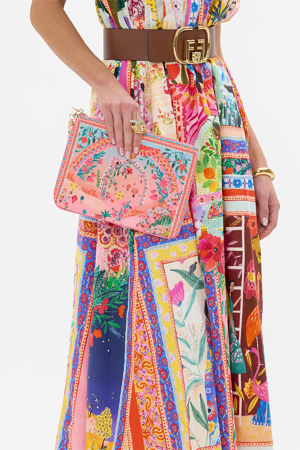 CAMILLA Small Canvas Clutch in Sister Sunset print. 