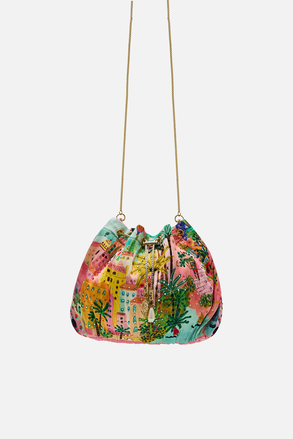 CAMILLA Drawstring Pouch With Chain Strap in Sister Sunset print. 
