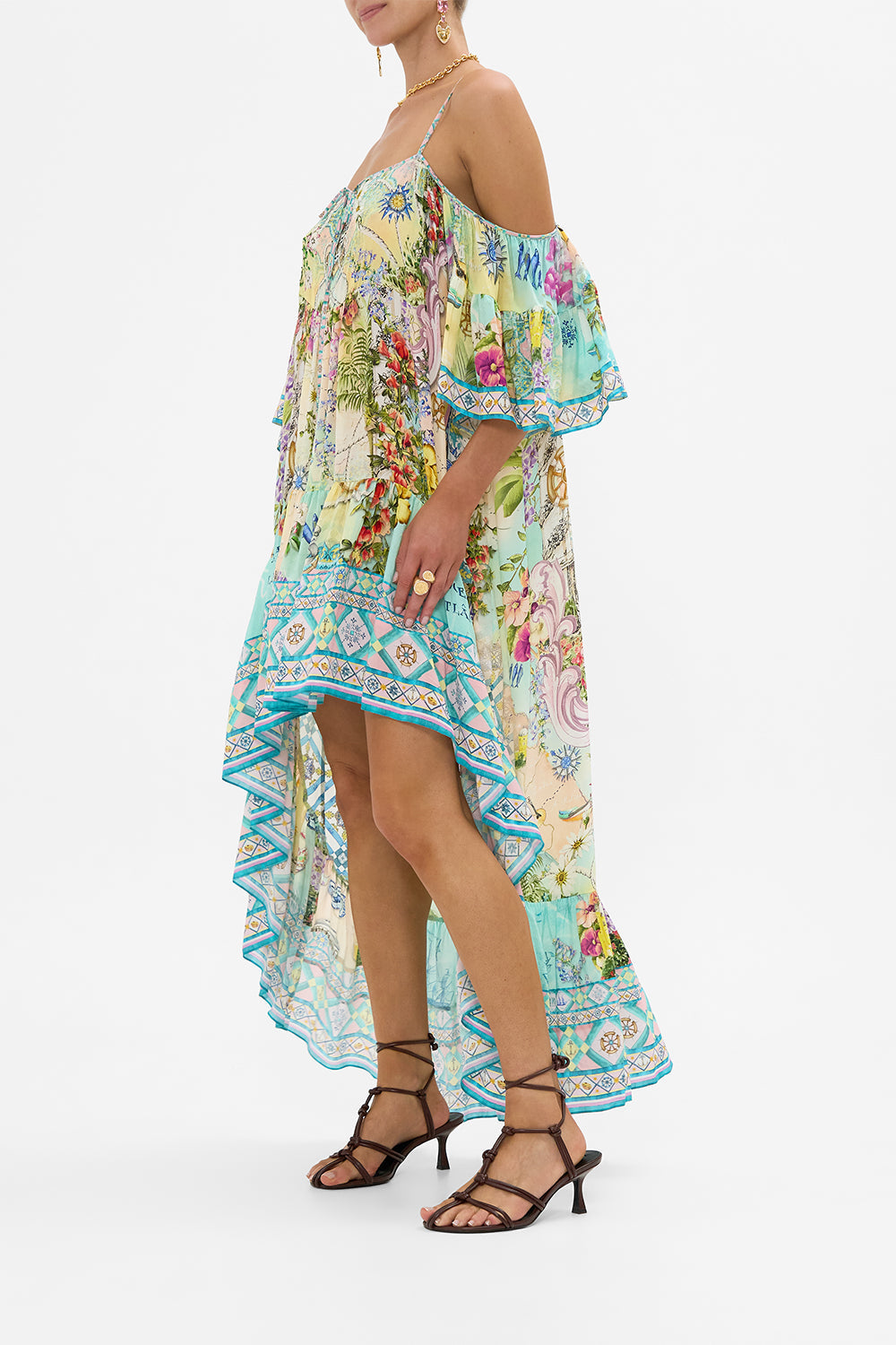 The CAMILLA Cold Shoulder High Low Dress in our Just Coasting print.