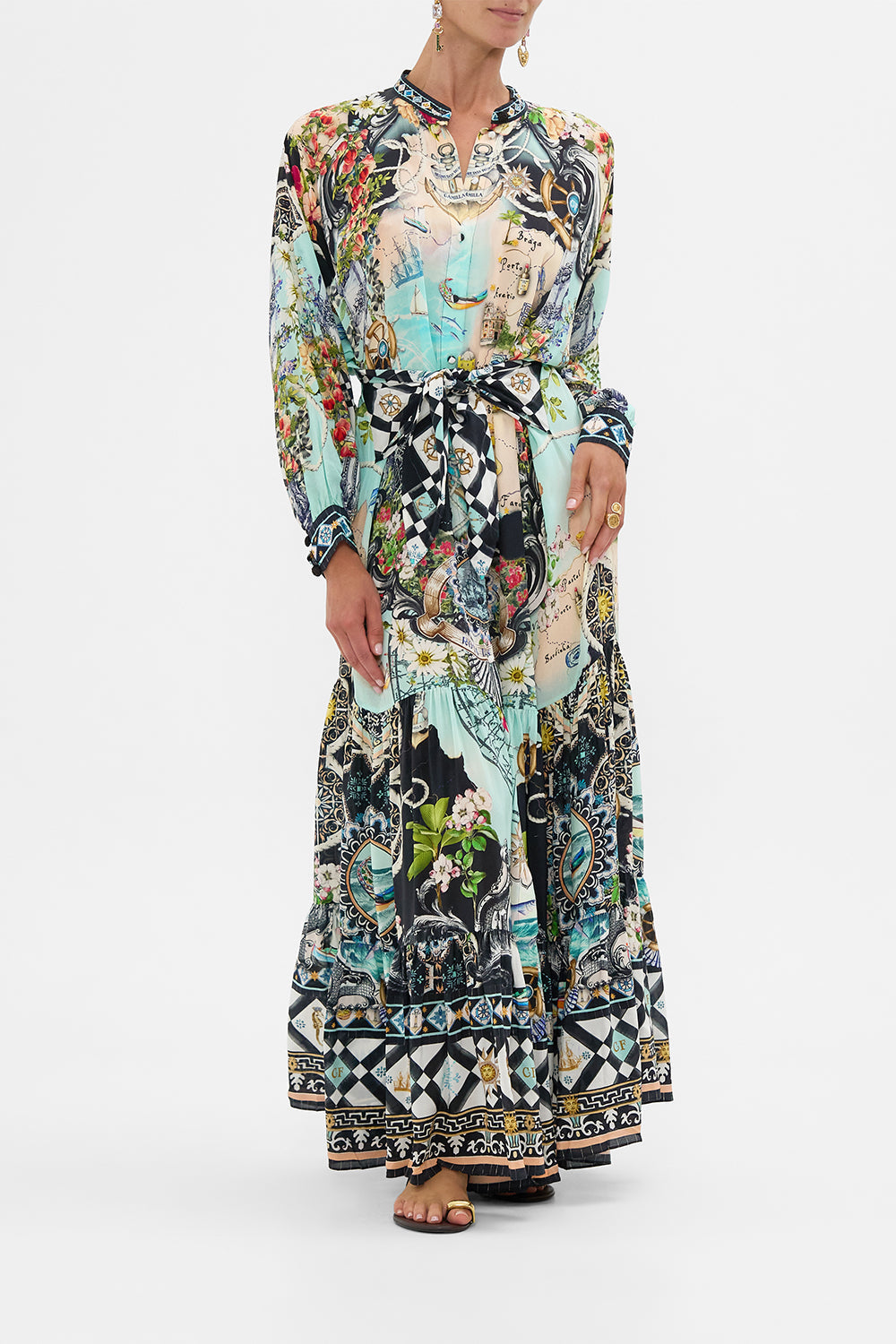 The CAMILLA Tiered Shirtdress With Wide Waist Tie in our Folk Afloat print.