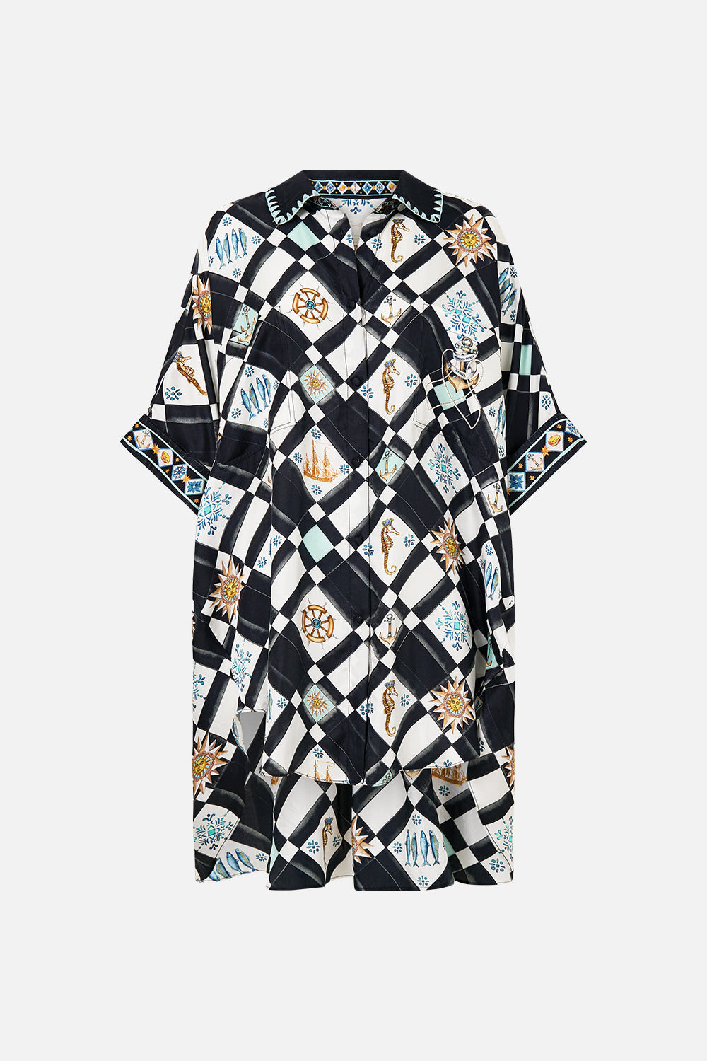 The CAMILLA OVERSIZED POCKET TUNIC FOLK AFLOAT in our  print.