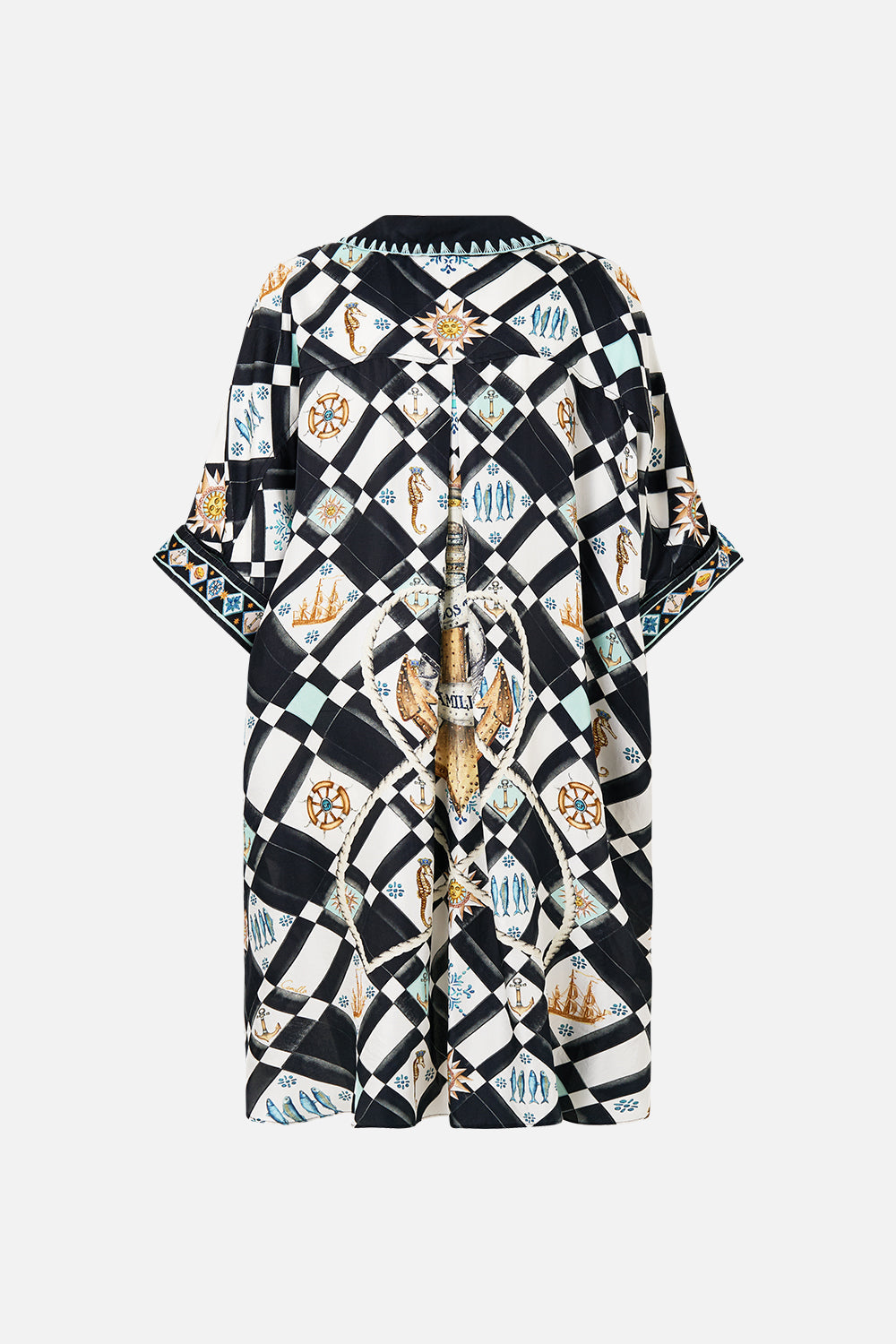 The CAMILLA OVERSIZED POCKET TUNIC FOLK AFLOAT in our  print.