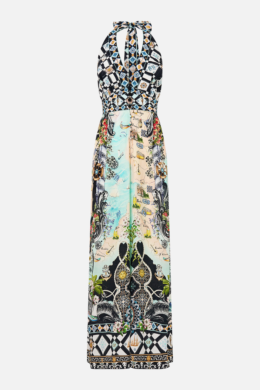 The CAMILLA Halterneck Jumpsuit With Tie Neck in our Folk Afloat print.