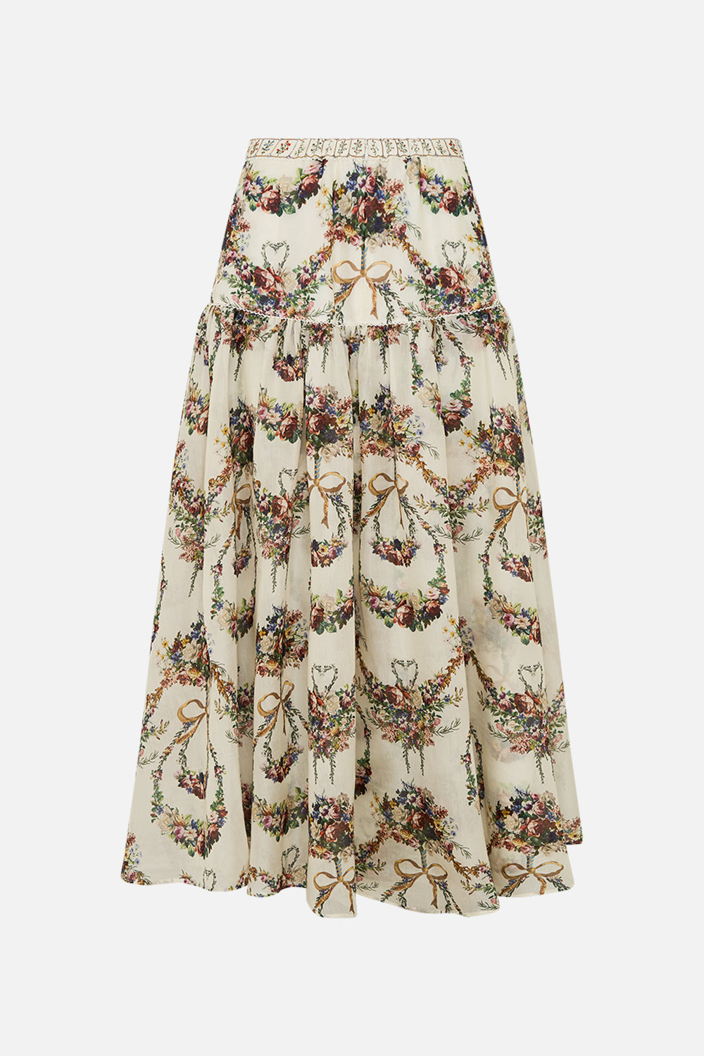 The CAMILLA Fitted Waist Gathered Skirt With Lining in our Dressing Room Drama print.