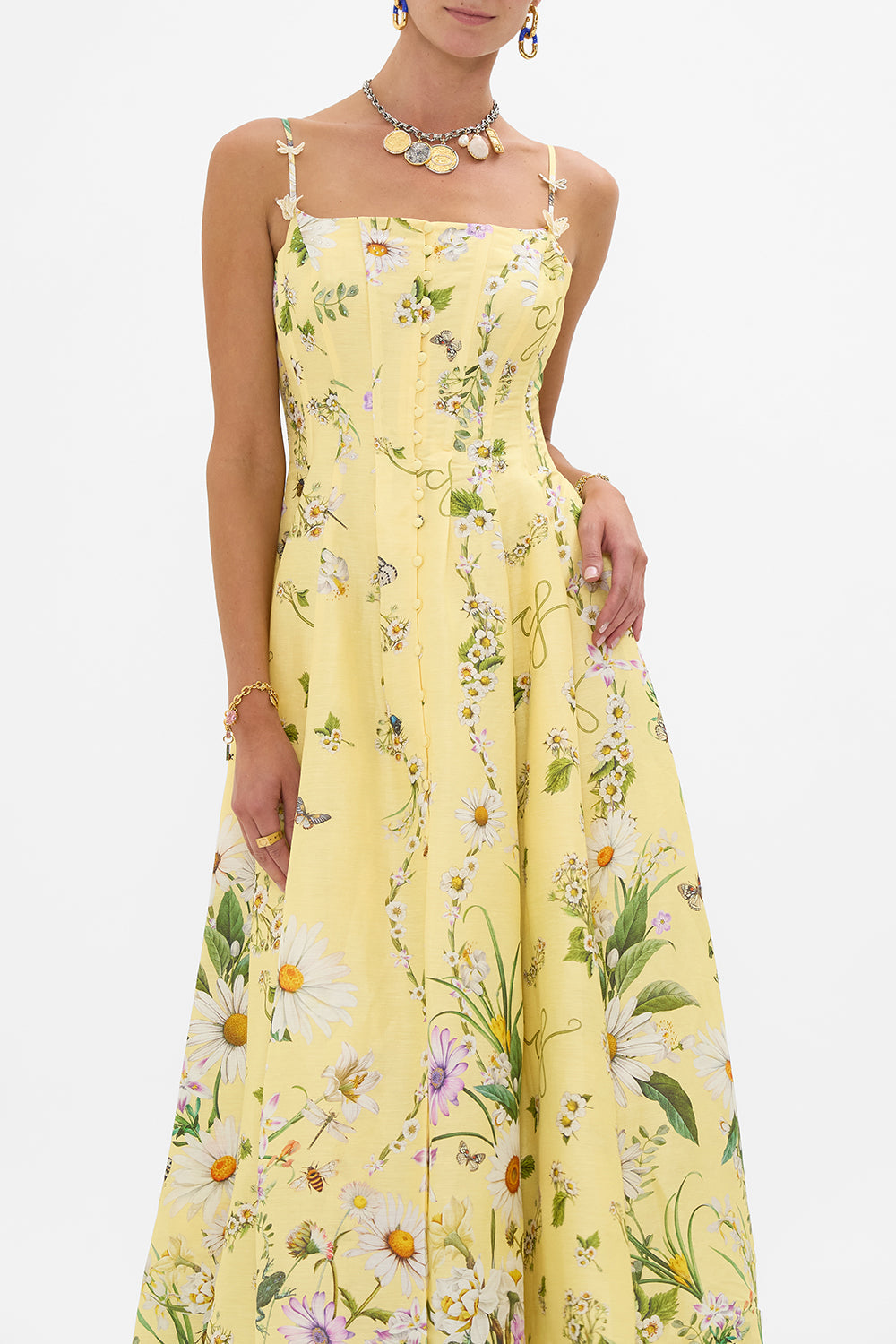 The CAMILLA Corset Dress With Long Flared Skirt in our Daisy Chains print.