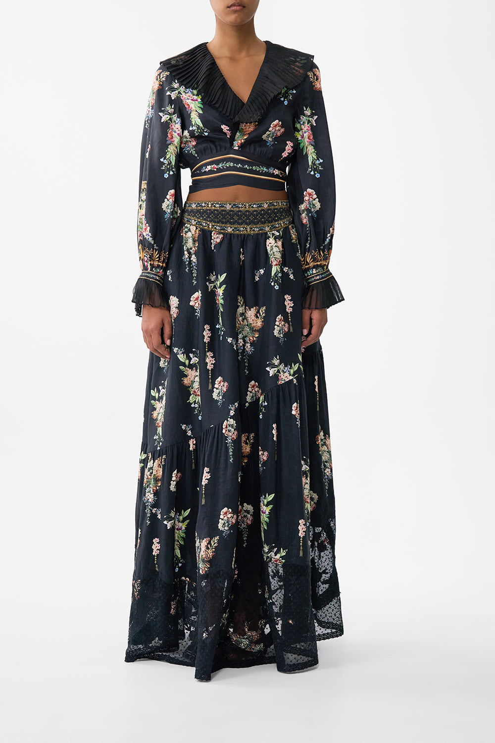 The CAMILLA Cropped Wrap Top With Pleated Detail in our Noble Endeavours print.